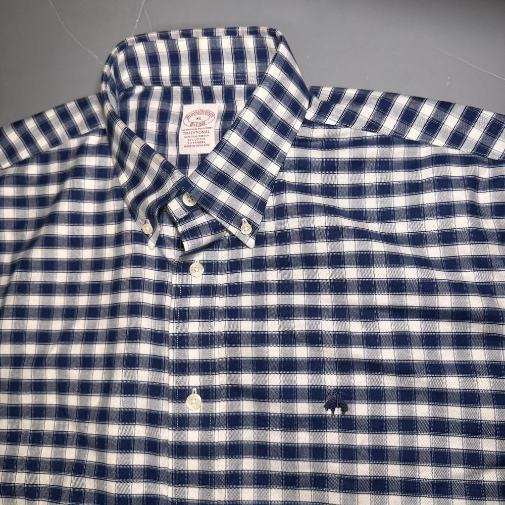 Brooks Brothers Stretch Oxford Shirt XL Traditional Fit Blue Gray Plaid Gingham